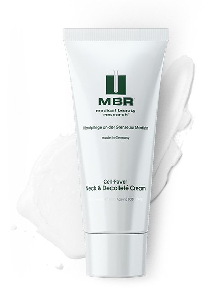 product arrangement of a tube neck & decollete cream and a white mousse in the background